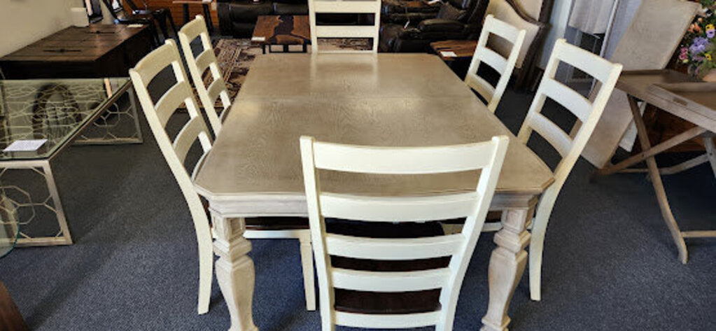 Gray Farmhouse Table center leaf by Ashley with 6 chairs
