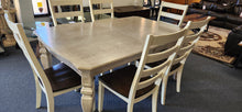 Load image into Gallery viewer, Gray Farmhouse Table center leaf by Ashley with 6 chairs
