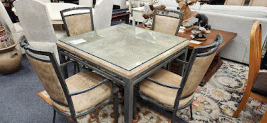 Leather Top Dining Table Glass Top 4-Arm Metal Chairs set