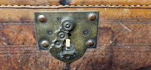 Load image into Gallery viewer, Antique Leather Travel Trunk Marked Brass Front Hinge
