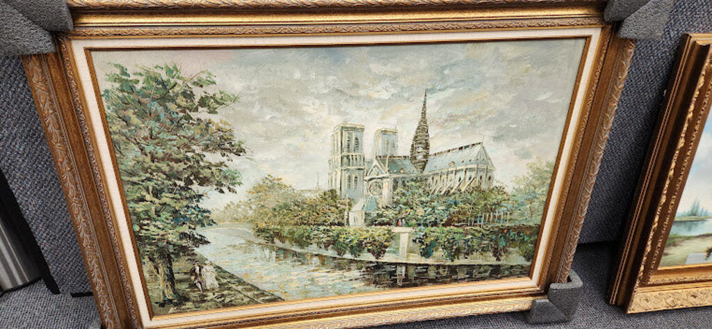 Paris Notre Dame Cathedral painting signed L. Larchey