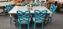 Load image into Gallery viewer, Handcrafted Tin Top Table + 6-Turquoise Chairs Imported from Indonesia
