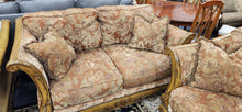 Load image into Gallery viewer, Ornate Curved Wood Plush Loveseat + Pillows Ashley Furniture as is
