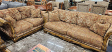 Load image into Gallery viewer, Ornate Curved Wood Plush Sofa + Pillows Ashley Furniture as is
