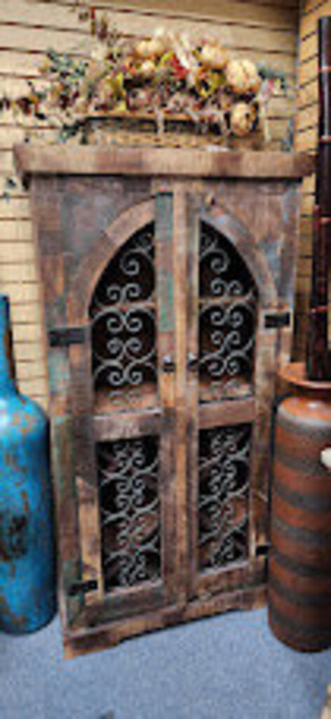 Rustic Wood Ornate Metal Wine Bar Base Cabinet