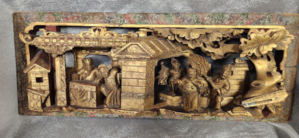 Antique Carved Wood Lacquer Gilt Asian Scene Panel
