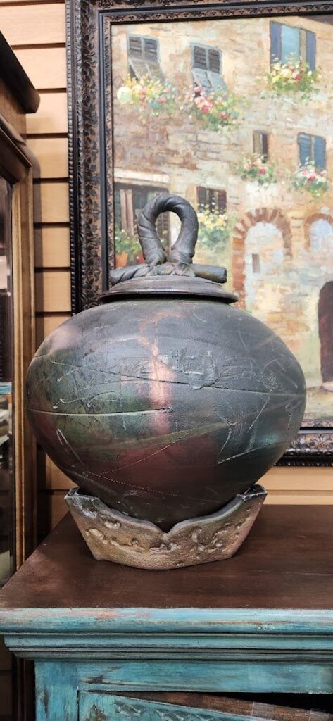 Handmade Raku Style Signed Pottery with lid on stand