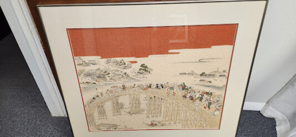 Vintage 1950's Silk Embroidery Styled Japanese framed art