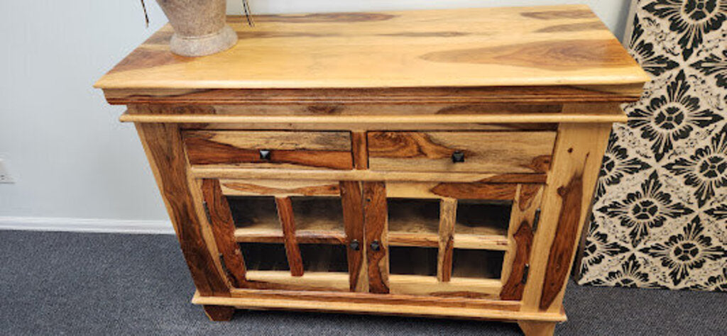 Sheesham Wood 2-Glass Door, 2-Drawers Side Cabinet