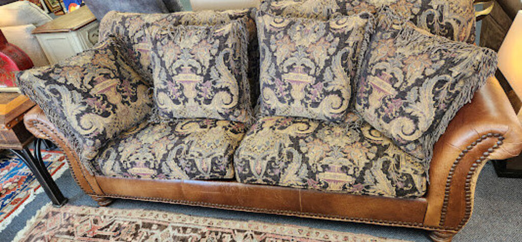 Custom Tapestry Leather Couch 4-Pillows Paul Robert