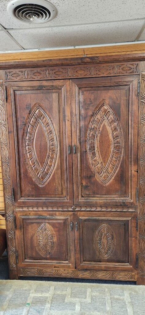 Tall Large Dark Walnut Ornate Carved Front Motif Armoire Cabinet 20th Century