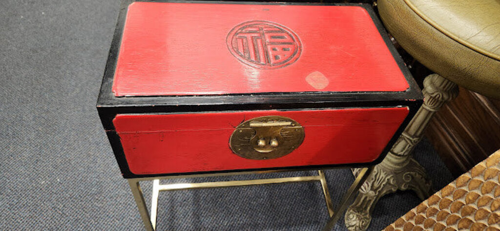 Red Asian Lacquered Box on Stand Chinoiserie Top as is