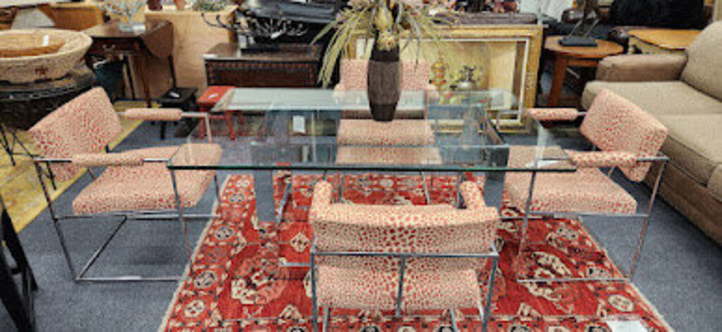 Milo Baughman Daughman Modern Leopard Upholstery Chairs Glass Chrome Table