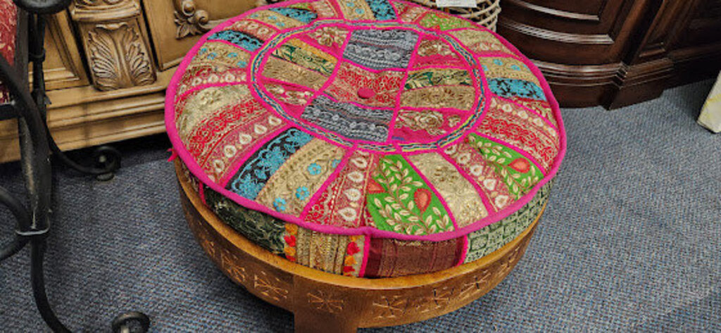 Colorful Fabric Beaded Pouf Ottoman Stool Wood Base
