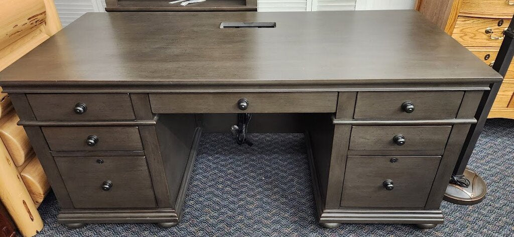 Gray Office Desk Power Port File Drawers