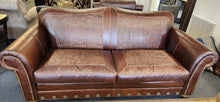 Load image into Gallery viewer, Embossed Tooled Leather Old Hickory Sofa Bull Rider Buttons Nailhead Trim
