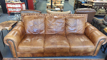 Load image into Gallery viewer, Quality Leather 3-Cushion Cognac Sofa Nailhead Trim

