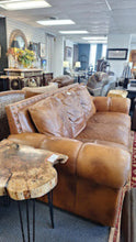 Load image into Gallery viewer, Quality Leather 3-Cushion Cognac Sofa Nailhead Trim
