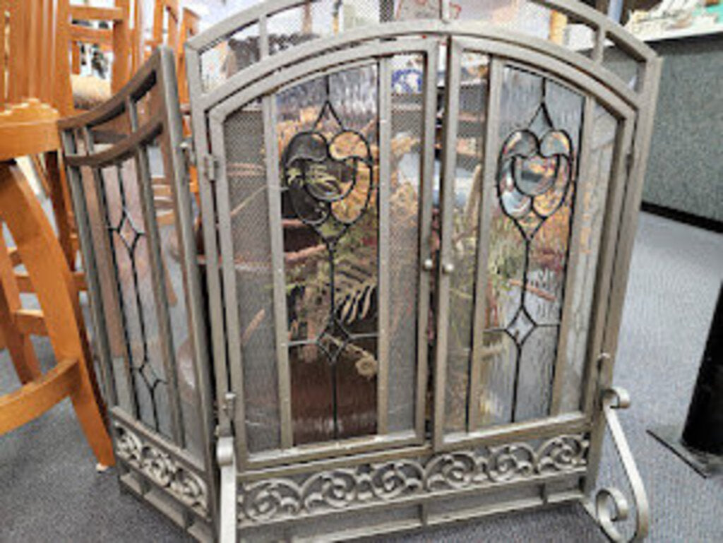 Stained Glass Folding Metal Fireplace Screen