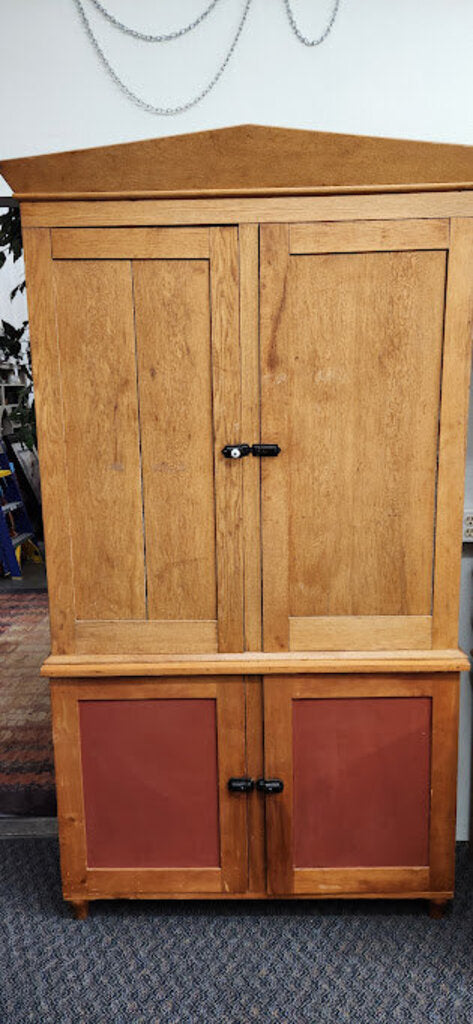 Antique 2-Piece Wood Cupboard Cabinet Red Doors
