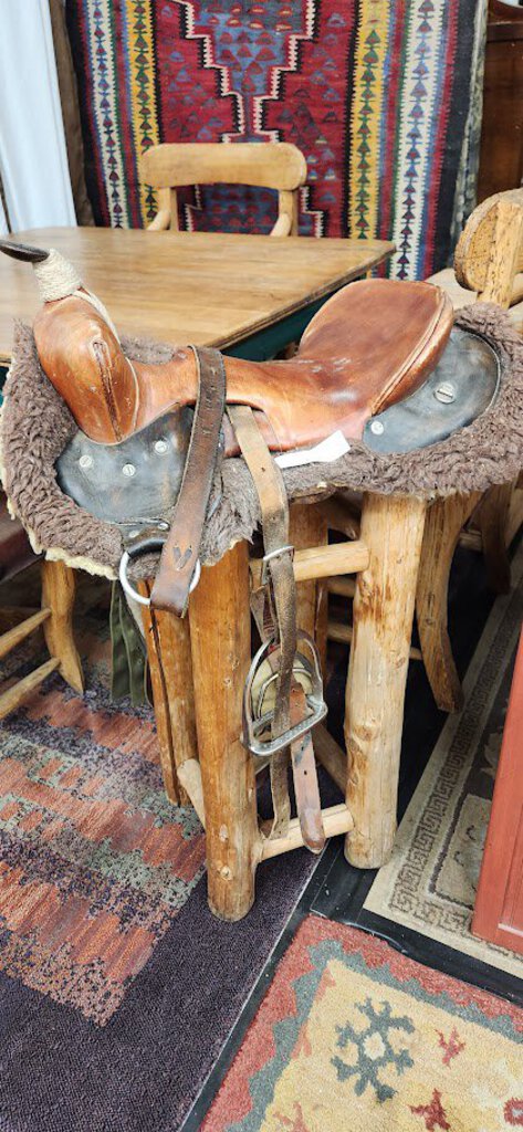 Antique Saddle on Wood Tall Stand